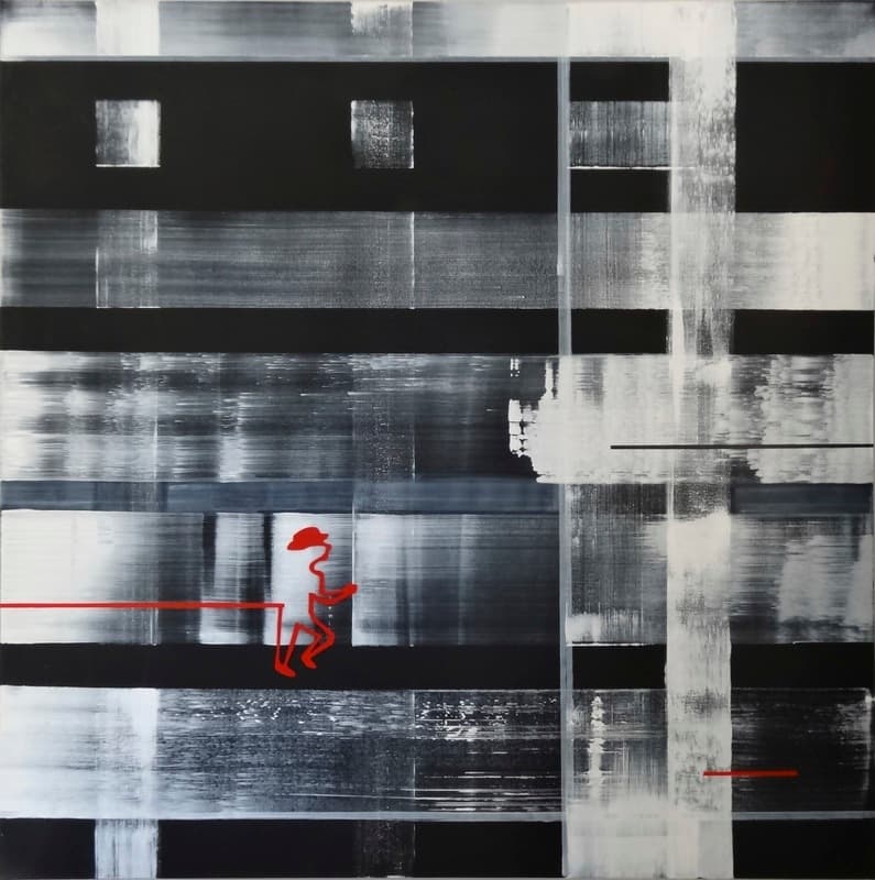 Trame 73 bonhomme rouge, Acrylique · 100 × 100 cm