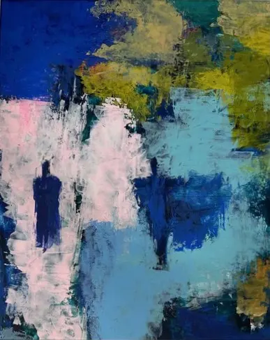 2 Silhouettes — Une silhouette bleu sombre dans un pan blanc rosé, parmi des masses bleues et vert-jaune raclées.