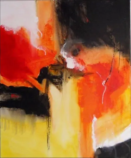 Abstrait 28 l'oiseau — Des masses rouges, orange et jaunes heurtées par des aplats noirs, autour d'un nœud de gestes sombres au centre.