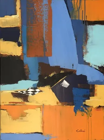 Abstrait 51 JO 2018 — Un petit damier parmi de larges aplats bleus, orange et jaunes aux bords raclés.
