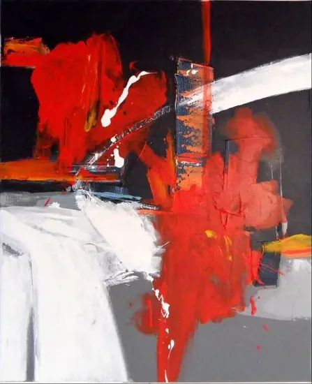 Abstrait n° 27 1 — De larges masses rouges éclatées sur fond noir, traversées par un arc blanc et des aplats gris.