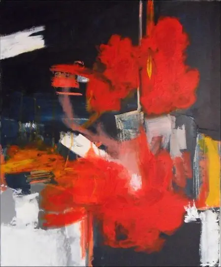 Abstrait n° 27 2 — De grandes masses rouges vaporeuses sur un fond noir, traversées de coups de brosse blancs et de touches jaunes.