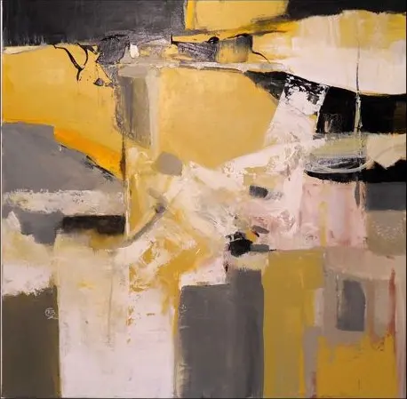 Abstrait n° 29 — Des blocs jaune ocre, gris et blancs empilés, raclés au couteau, traversés de fines traînées noires.
