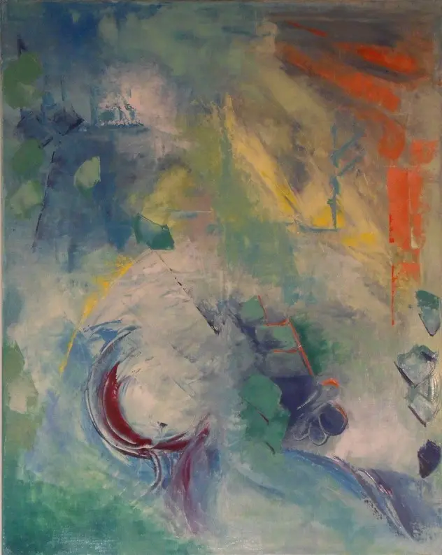 Abstrait n° 3 — Un croissant rouge sombre courbé dans des brumes bleu-vert, sous des traînées orange en haut à droite.