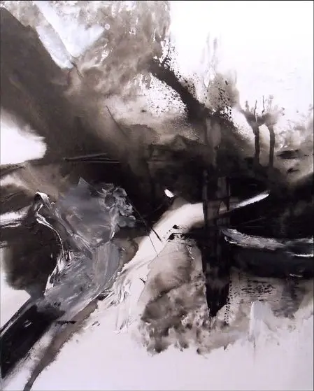 Abstrait n° 30 — De larges balayages noirs et gris, raclés et éclaboussés, traversent un fond blanc en diagonale.