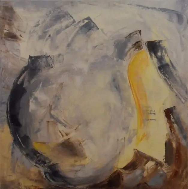 Abstrait n° 4 — Un grand arc gris foncé enserre un tourbillon gris pâle, à côté d'une forme jaune dressée et de touches brunes.