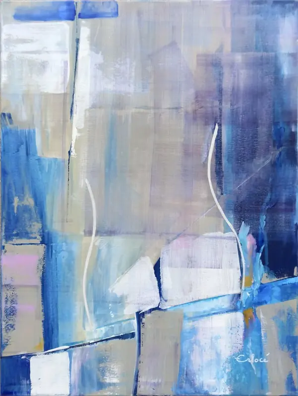 Abstrait T1 Nu au Chat — Two thin wavy white lines among brushed blue, violet and beige blocks, crossed by a diagonal.