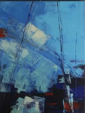 Abstrait T3 Le port du lac 1 — Knife-scraped blue patches crossed by thin black lines, with a dark band flecked with red at the bottom.