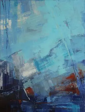 Abstrait T4 le port du Lac 2 — Broad scraped turquoise swathes crossed by thin dark lines, with touches of rust towards the bottom.