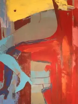 Abstrait T8 — De larges pans rouges en coulées verticales, traversés d'une bande turquoise et coiffés d'un aplat jaune.