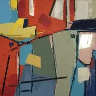 Abstrait TBFA — Angular red, blue and grey-green planes crossed by a long diagonal and black lines.