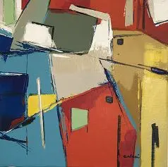 Abstrait TBFB — Des blocs anguleux rouges, bleus et ocre s'entrechoquent, traversés de fins traits sombres et clairs.