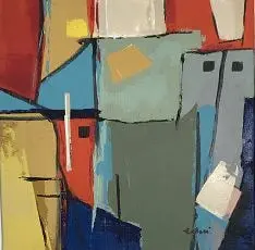 Abstrait TBFC — Des pans géométriques rouges, bleus et gris cernés de noir, percés de petites fenêtres carrées comme des façades.