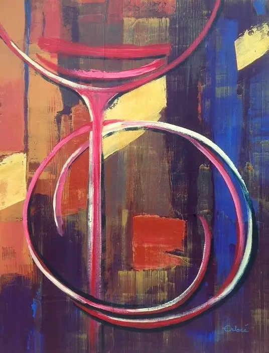 AOC Rouge — Un verre à pied esquissé en traits roses et blancs, posé sur un grand cercle, devant des aplats bleus et ocre.