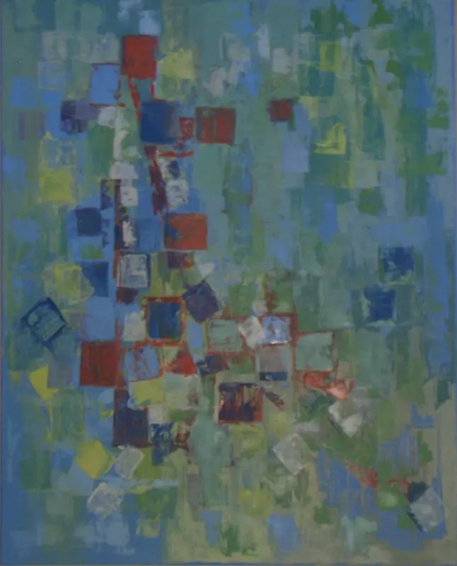 Arlequinade — Une cascade de petits carrés rouges et bleu sombre, tombant en diagonale sur un fond de touches vertes et bleues.