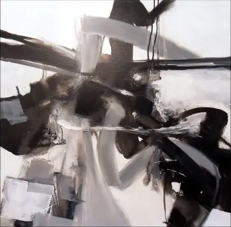 Azimut — De larges coups de pinceau noirs et gris s’entrecroisent sur un fond blanc, traversés de fines coulures noires.