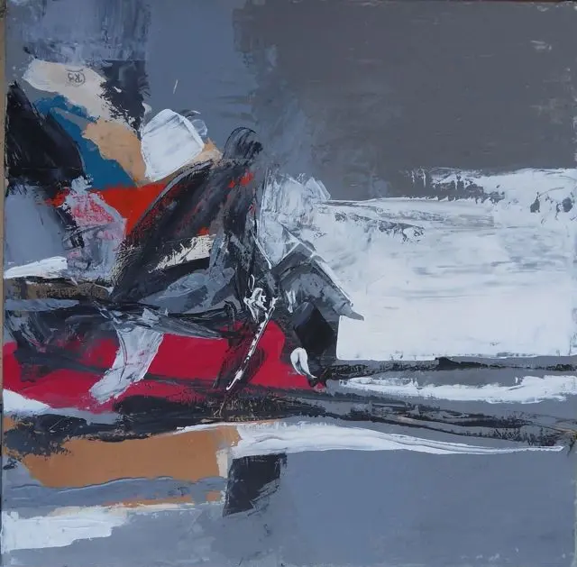Bobsleigh — Un amas de gestes noirs et rouges au couteau à gauche, face à une large bande blanche sur fond gris.