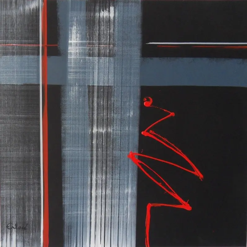 Carré Trame n° 2 — Un zigzag rouge vif sur fond noir, croisé de bandes grises striées et d'un fin trait rouge vertical.