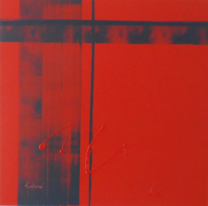 Carré Trame n° 3 — Des bandes bleu-noir frottées se croisent sur un fond rouge vif, traversées d'un fin tracé rouge en relief.