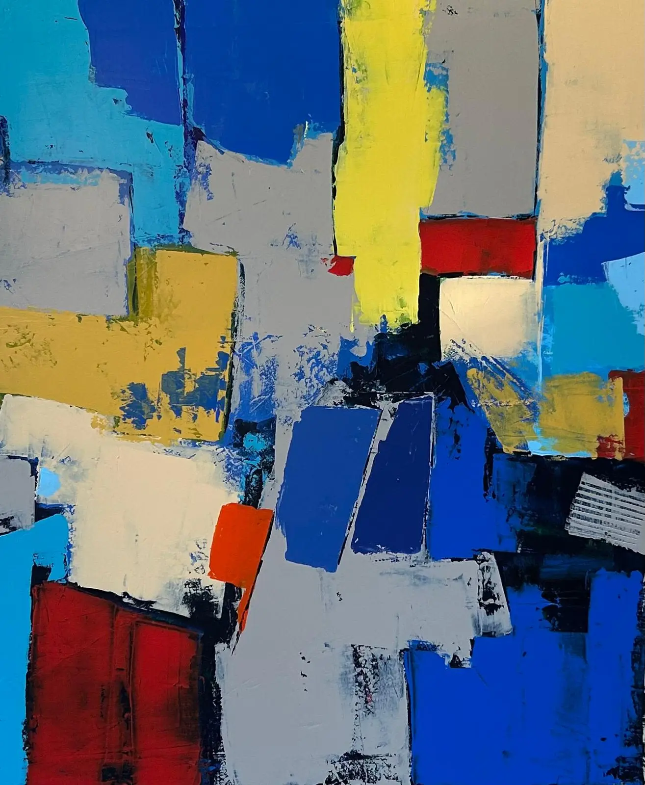 Chef d'orchestre — Des blocs rectangulaires bleus, jaunes et rouges juxtaposés au couteau sur un fond gris.