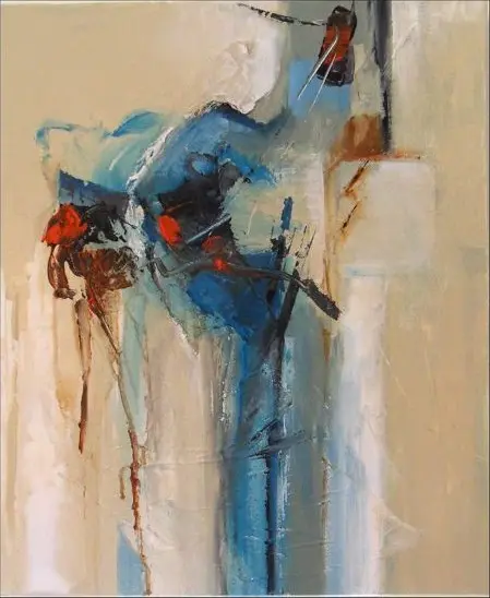 Chrysalide — Une masse bleue au couteau qui coule vers le bas, piquée de touches rouges sur un fond beige.