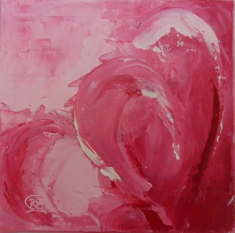 Croc'coeur — Un grand cœur rose framboise brossé en larges courbes, rehaussé de traits blancs, sur un fond rose pâle.
