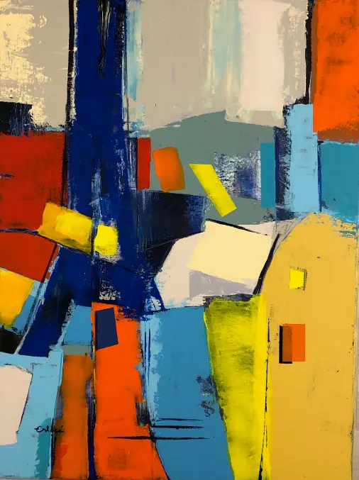 D... de Fer — Une large bande bleu outremer traverse un assemblage de blocs orange, jaunes et bleu ciel aux bords nets.
