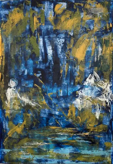 Dans la forêt — Une petite silhouette blanche à gauche parmi des coulées bleues et ocre, au-dessus de traits horizontaux.