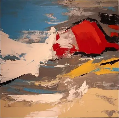 Ensablé — A red mass edged in black above broad scraped strokes of white, blue and grey.