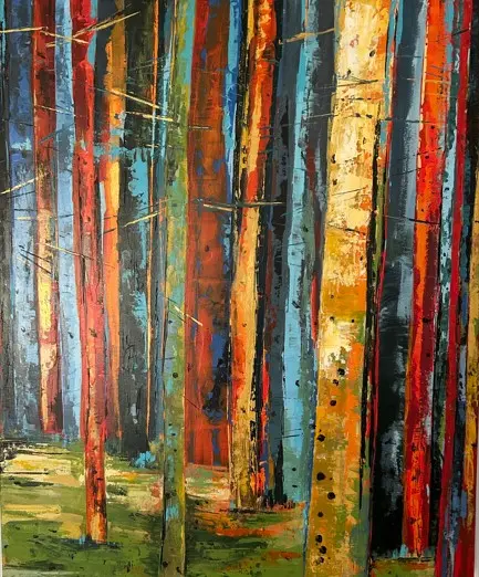Forêt Enchantée 2 — Des troncs d'arbres rouges, turquoise et ocre serrés au couteau, plantés dans un sol vert.
