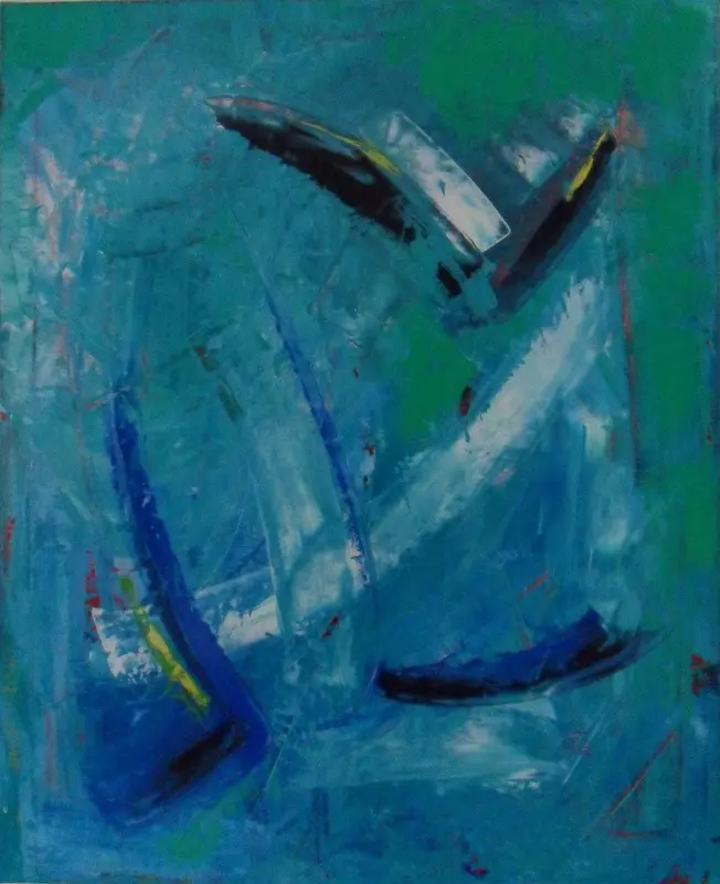 Goélette — Des arcs bleu outremer et noirs, griffés de jaune, traversent un fond turquoise et vert raclé de blanc.