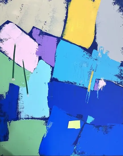 Kaleï 2 — Des pavés de bleus, de rose pâle et de jaune posés en biais, traversés de deux fins traits verts.