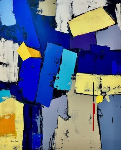 Kaleï — Des blocs bleu outremer, jaunes et gris clair raclés au couteau, traversés d'un fin trait rouge et noir.