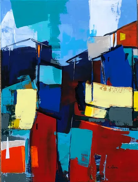 Kaleidos Dax — Des blocs bleu nuit, rouges et jaune pâle empilés comme des maisons, en larges aplats raclés.
