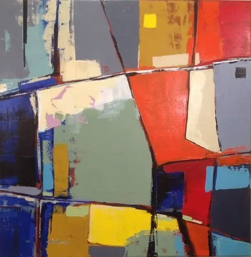 Kaleidos Kopein — Angular patches of orange-red, ultramarine blue and grey-green, cut by thin dark slanting lines.