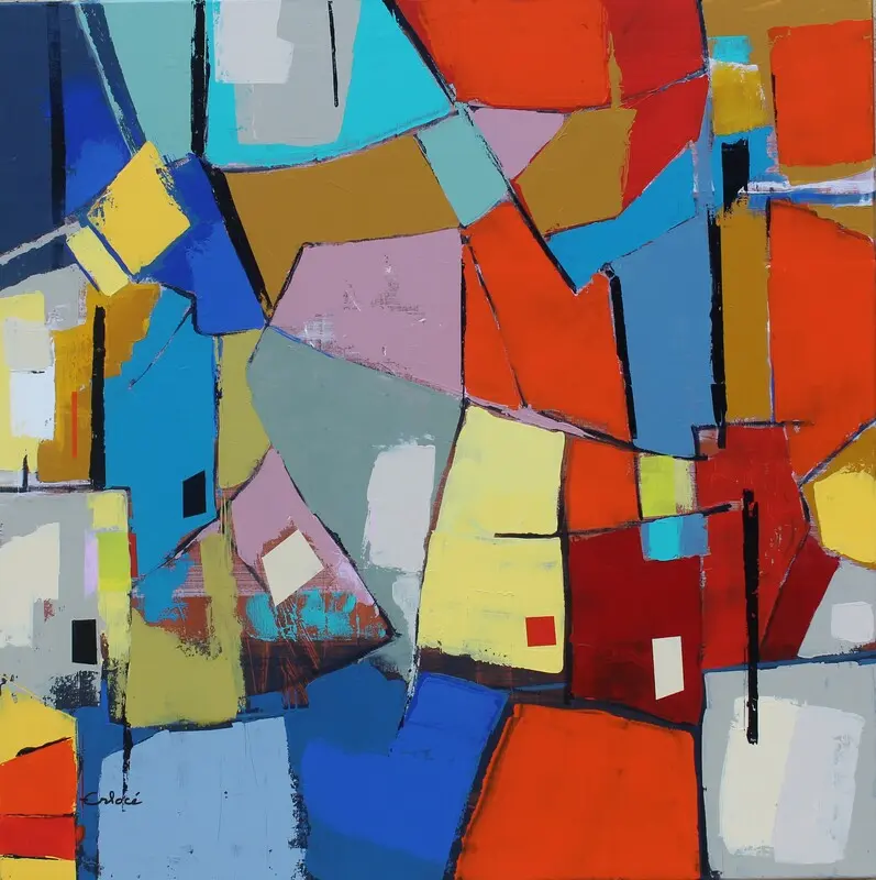 Kaleidos Work Sea — Une mosaïque de plans anguleux orange, bleus et jaunes, cernés de fins traits noirs.