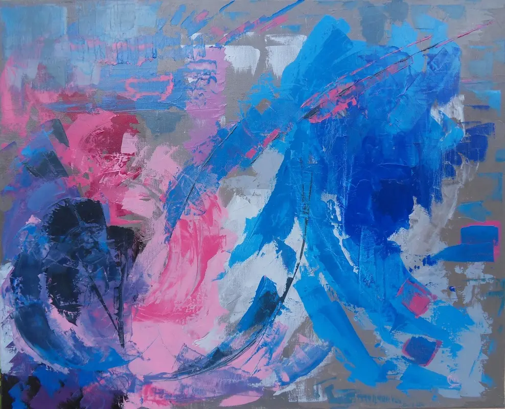 La danse endiablée — De larges gestes courbes bleus et roses, griffés de fines lignes sombres, sur un fond gris.