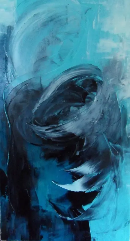 La femme et l'enfant — Un tourbillon de traits noirs et gris balayés au couteau sur un fond turquoise, avec des éclats blancs.