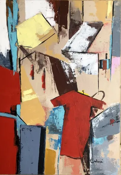 La robe rouge au cintre — Une robe rouge sur un cintre parmi des aplats beiges, jaunes et bleus tracés de lignes noires.
