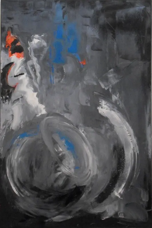 Le saltimbanque — De grands cercles gris tourbillonnants en bas, sous des touches de bleu vif et d'orange sur fond sombre.