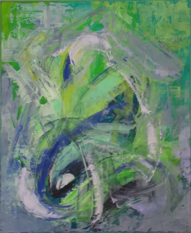 Le tailleur de silex — Swirling curved strokes of bright green, ultramarine and white, swept and scraped across a grey ground.