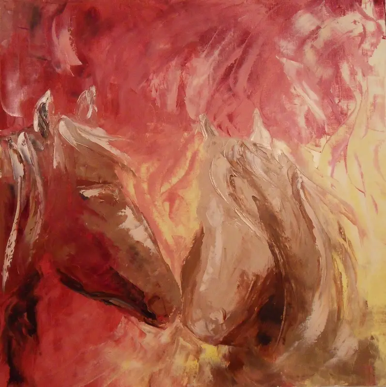 Les chevaux rouges — Two horses' heads, one brown, one beige, face each other against a scraped red background.