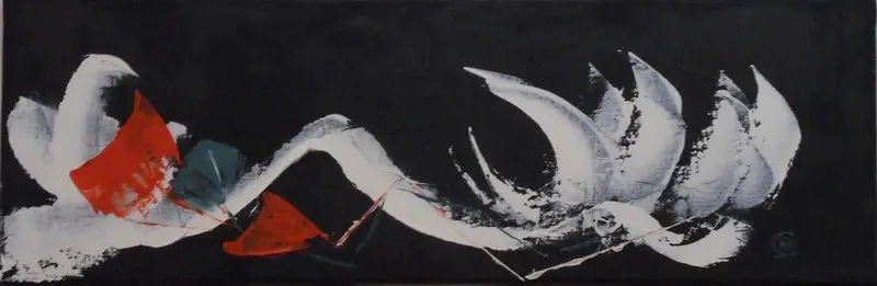 Les cygnes — De larges gestes blancs ondulent et se recourbent en crochets sur fond noir, ponctués de touches rouges et bleu-vert.