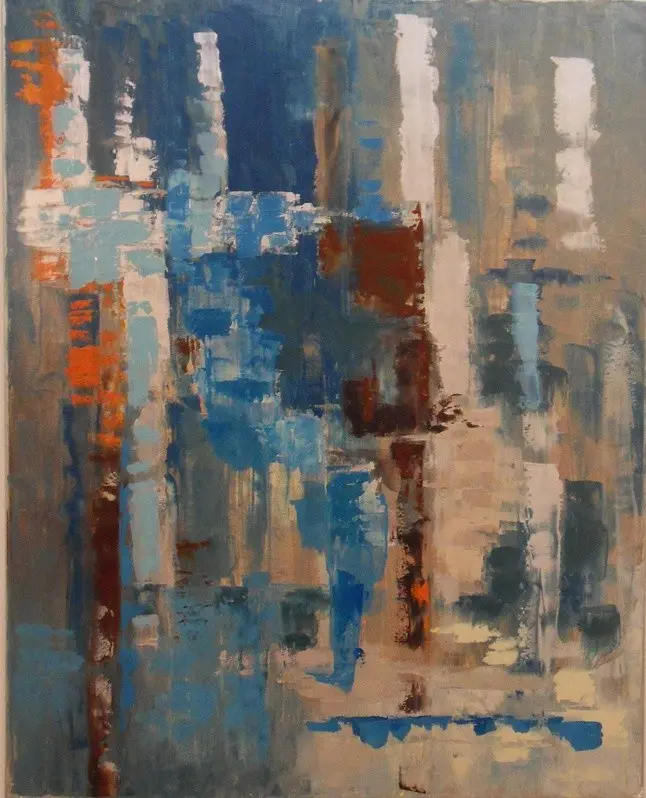 Lucky — Des bandes verticales bleues, blanches et rouille posées au couteau, comme des reflets sur fond beige.