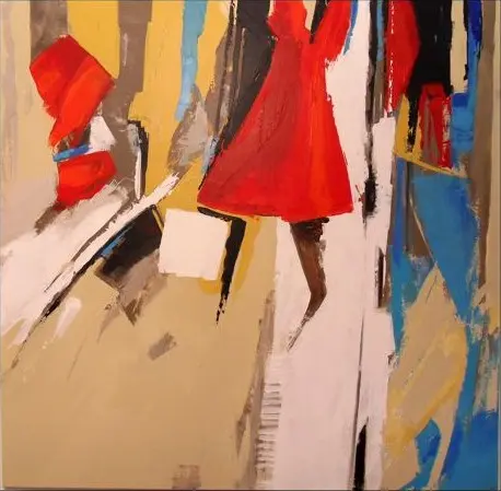 Ma robe rouge — Une silhouette en robe rouge, jambes brunes, parmi des aplats ocre, blancs et bleus posés au couteau.