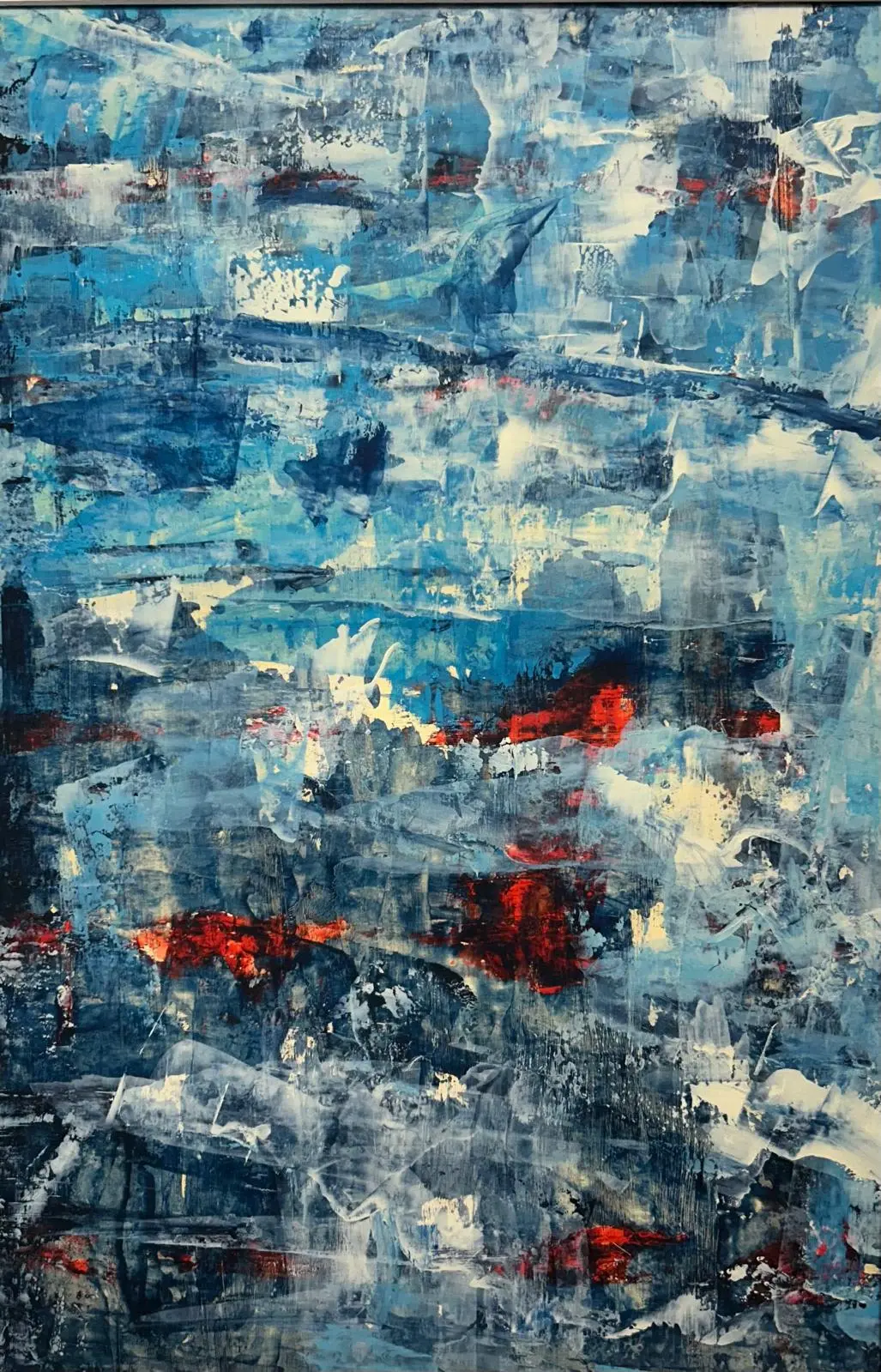 Onirique Bleu 24 — Blue and white scraped layers in horizontal bands, dotted with patches of bright red.