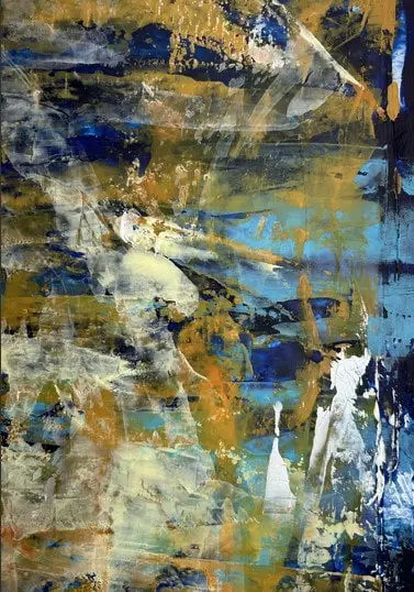 Pélican — Des voiles blancs translucides raclés sur des bandes horizontales ocre et bleu profond, avec quelques éclats blancs.