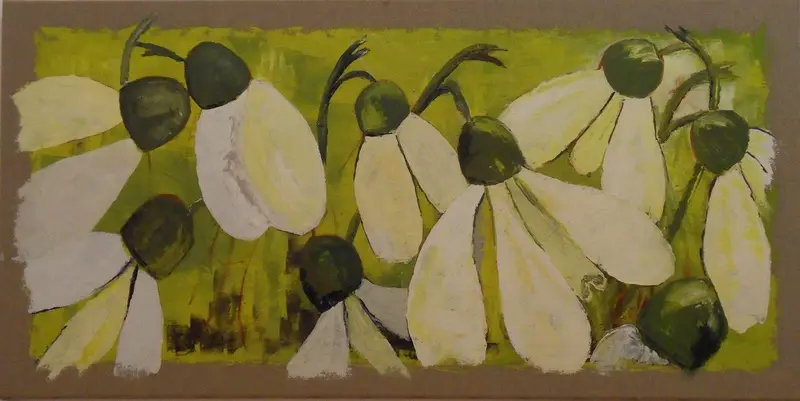 Perce neige — Des fleurs aux longs pétales blancs pendants et aux cœurs vert sombre sur un fond vert-jaune, cerné de beige.