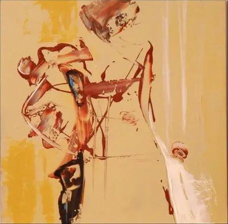 Poupée de chiffon — Une silhouette esquissée en traits rouille au couteau sur un fond jaune pâle, avec une coulée blanche.