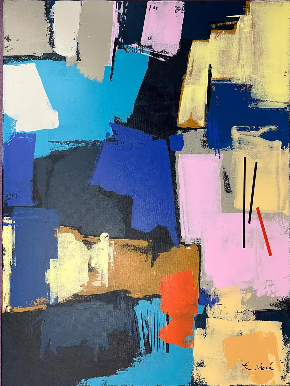 Rencontre — Des blocs bleus, roses et jaune pâle brossés sur fond sombre, avec deux traits noirs et un trait rouge.
